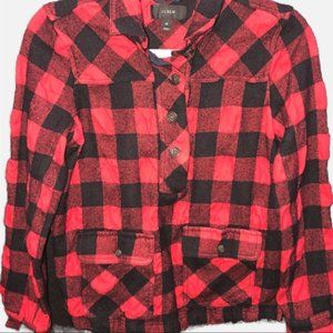 J. Crew plaid shacket, 1/2 button, red/black